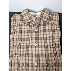 Vintage Red Brand Size Large Western Embroidered Brown Plaid Shirt Button Down